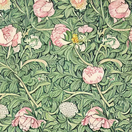 Prompt: william morris style print of beautiful light pink peonies and green leaves, repeating pattern, by william morris and Van Gogh