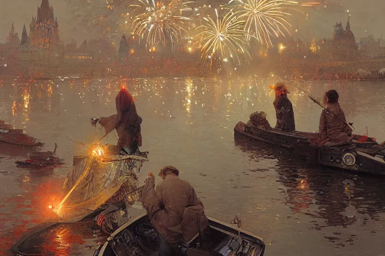 Image similar to a beautiful realistic painting of a firework festival at seine river, intricate, elegant, highly detailed, digital painting, artstation, concept art, by krenzcushart, artem demura, alphonse mucha