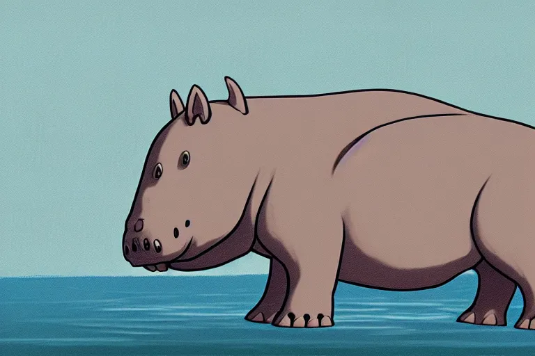 Image similar to a study of a cell shaded cartoon of a grey mechanical hippo from howl's moving castle ( 2 0 0 4 ), in an african river, full body, wide shot, very muted colors, post grunge, studio ghibli, highly detailed, deviantart, art by artgem