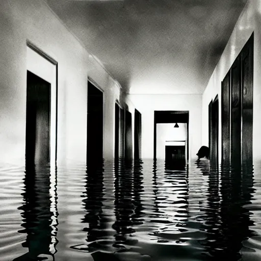 Prompt: a flooded hotel hallway leading to an indoor pool, polaroid, liminal space, surreal,