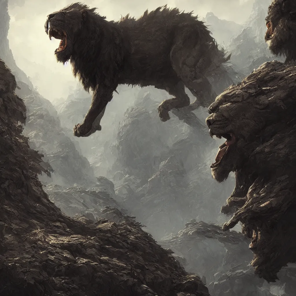 Image similar to Giant black rock lion monster art, in the style of greg rutkowski, illustration, epic, fantasy, intricate, hyper detailed, artstation, concept art, smooth, sharp focus, ray tracing