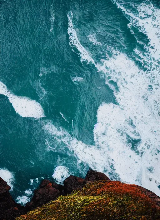 Image similar to a view of the ocean from a cliff, a tilt shift photo by liam wong, unsplash, naturalism, cinematic view, terragen, shot on 7 0 mm