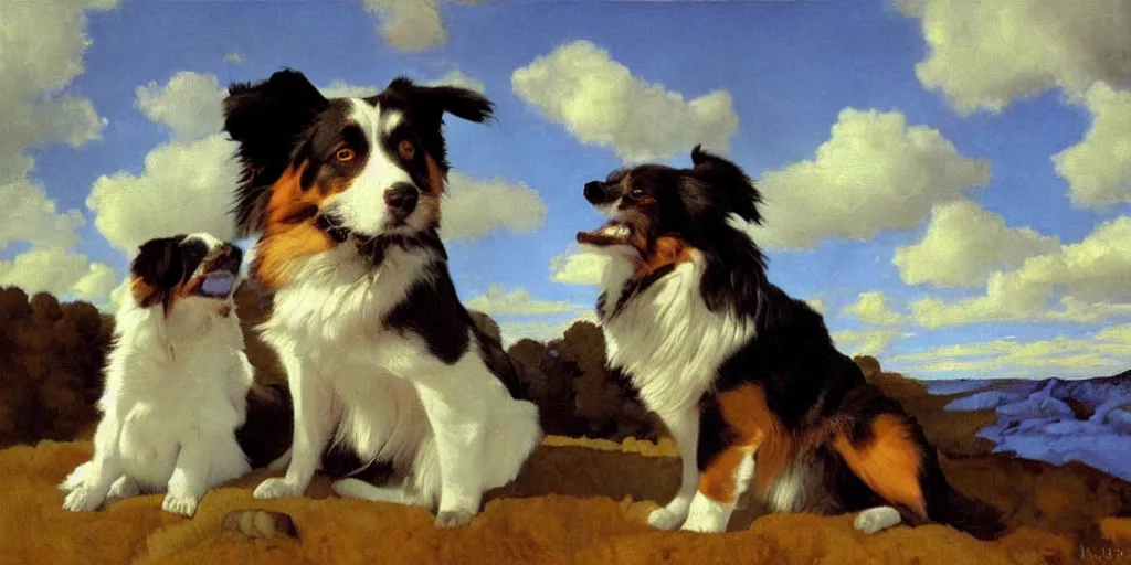 Prompt: two australian shepherds, person sitting, clouds in sky, impressionist painting, artstation, johannes vermeer