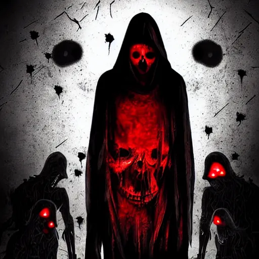 Prompt: a dark hooded skeletal figure, behind zombies, with red magic streaks, hd, digital art, photorealistic, by anson maddocks