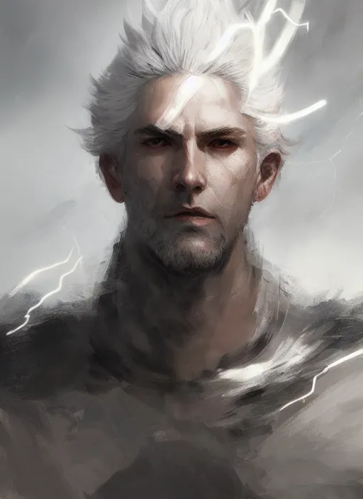 Prompt: Half-body portrait of a tall white haired man who is wielding lightning, wolf god. In style of Hyung-tae Kim and Greg Rutkowski, concept art, trending on ArtStation, Korean MMORPG, over-detailed art, 8K, epic, dynamic lightning, dramatic pose.