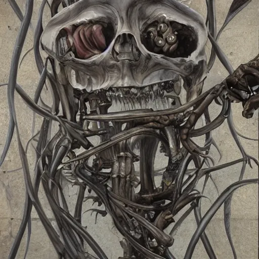 Image similar to realistic shot bloody bones, organs and flesh, biomechanical technology, natural light, by h r giger