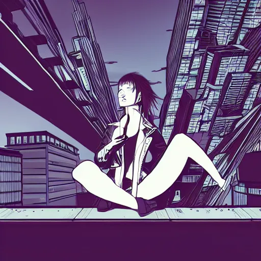 Prompt: young punk woman with short white fringe. grey eyes. Sitting on a rooftop ledge overlooking a cyberpunk city skyline. Album art. In the style of Aeon Flux.