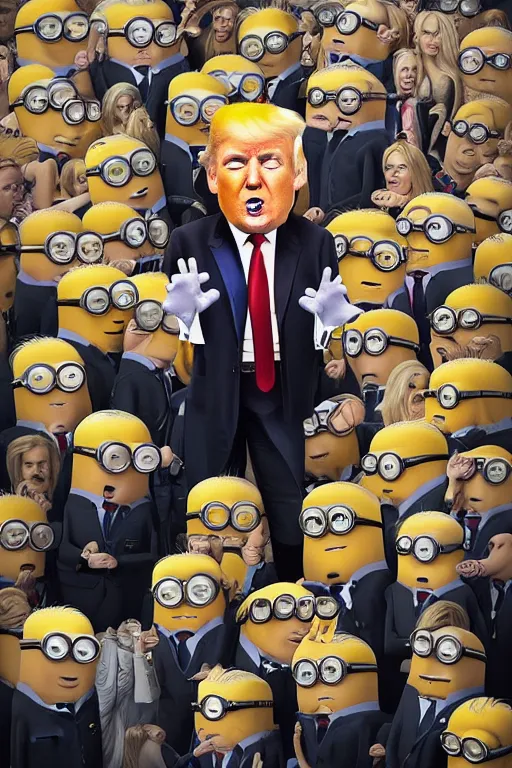 Prompt: trump with blond hair as a minion standing in front of a riot, oil on canvas, intricate, portrait, 8 k highly professionally detailed, hdr, cgsociety