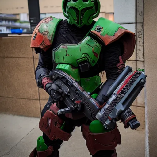 Image similar to doom slayer from doom eternal cosplay, photography, 9 0 s