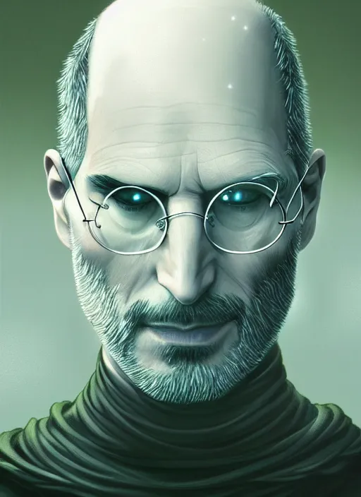 Prompt: Portrait of Steve Jobs, white glowing eyes, cloak, face enhance, male, fantasy, extremely detailed, digital painting, artstation, concept art, smooth, sharp focus, illustration, stunning lighting, art by artgerm and alphonse mucha and simon stalenhag, realistic character concept, high fantasy, light atmosphere, golden ratio, cinematic lighting, hyperdetailed, high resolution, insanely detailed and intricate, Marc Simonetti, Greg Rutkowski, 8k