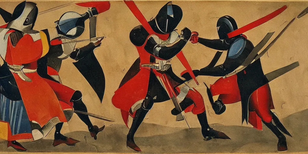 Image similar to italian futurism style painting of medieval knights dueling