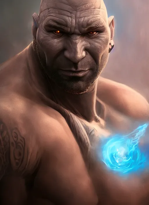 Image similar to A fantasy comic book style portrait painting of Dave Bautista as a blue orc mage, unreal 5, DAZ, hyperrealistic, octane render, RPG portrait, dynamic lighting