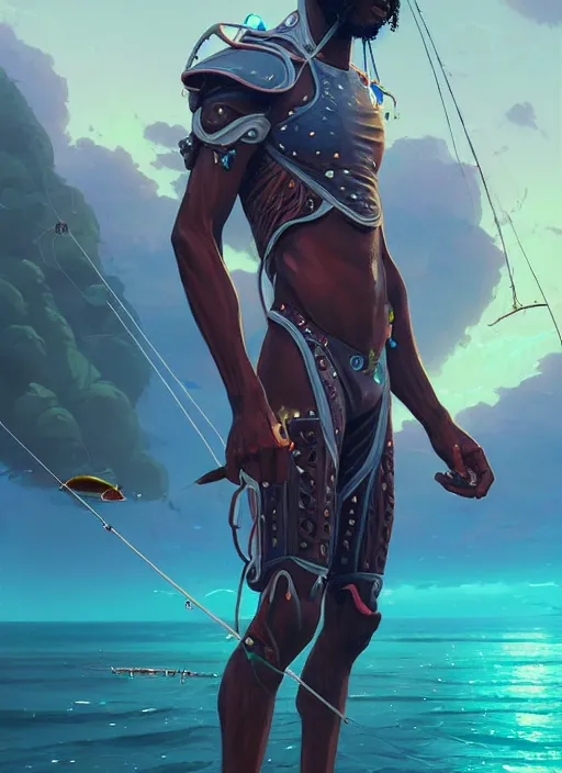 Image similar to portrait of a jamaican fisherman sci - fi fishing armor muscular cyberjamaicanpunk intricate elegant highly detailed digital painting artstation concept art, greg rutkowski, loish, rhads, ferdinand knab, makoto shinkai and lois van baarle, ilya kuvshinov, rossdraws, tom bagshaw