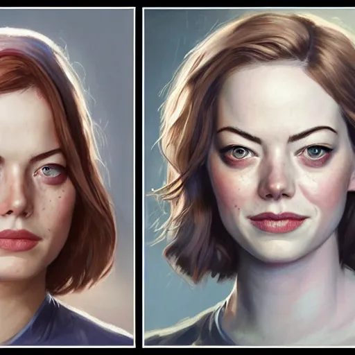 Image similar to sibgle female face portrait : left - half of this face is is sad emma stone, right - half of this face is smiling emma stone, fine details, realistic shaded lighting poster by greg rutkowski, magali villeneuve, artgerm, jeremy lipkin and michael garmash and rob rey