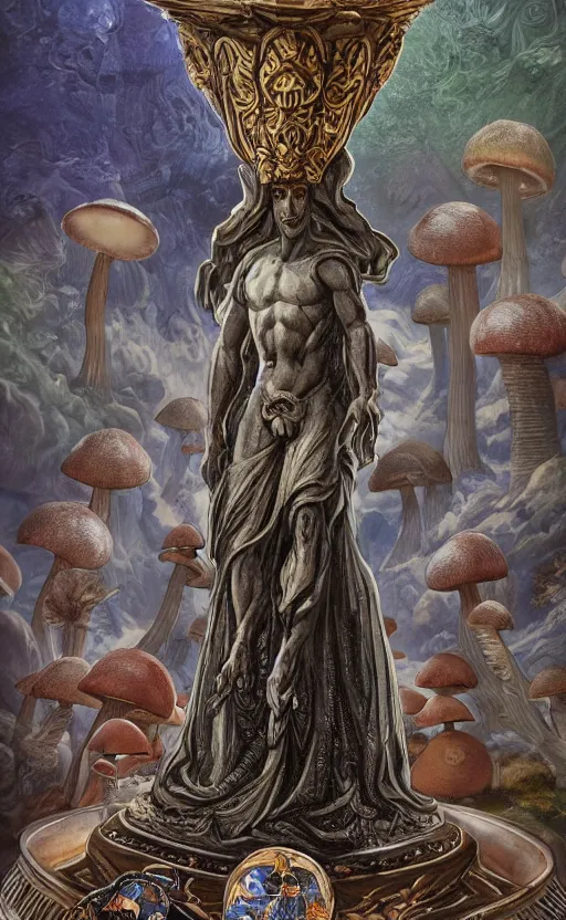 Image similar to a masterpiece hyperdetailed dnd tarot card, magnificent mushroom deity as depicted in a colossal greek marble statue ( with godlike bodybuilder physique ), hd tarot card depicting monumental statue of a dignified mushroom god with cute large mushroom hat, hdr, 8 k, artstationhq, digital art