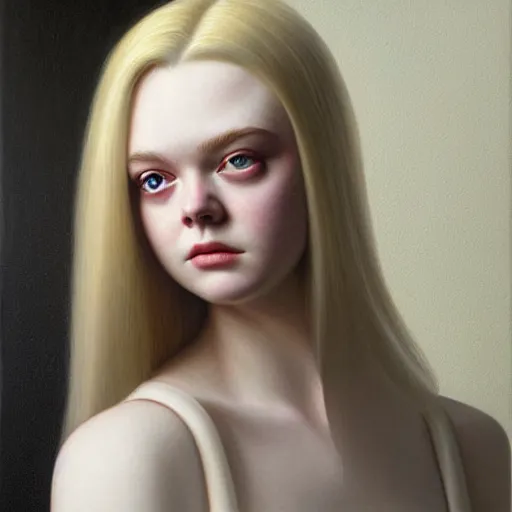 Prompt: a striking hyper real painting of Elle Fanning, dark, metal, by Vladimir Kush