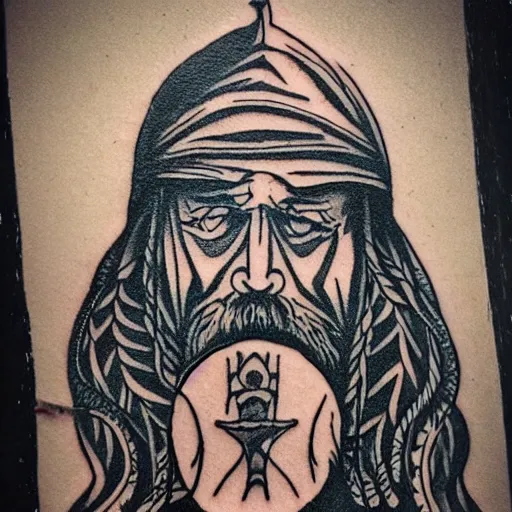 Image similar to tattoo design, stencil, a tarot card of a old man resting on a sword