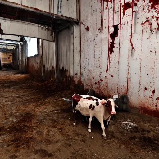 Image similar to dirty bottle of milk and a cow inside rusted slaughterhouse