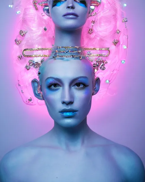 Prompt: natural light, soft focus portrait of an androgynous android with soft synthetic pink skin, blue bioluminescent plastics, smooth shiny metal, elaborate diamond ornate head piece, piercings, face tattoo, skin textures, by annie liebovotz, paul lehr,