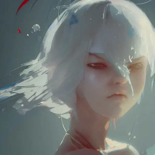 Image similar to white - haired young girl in front of a fan cooling off from a hot day by dustin nguyen, akihiko yoshida, greg tocchini, greg rutkowski, cliff chiang, 4 k resolution, trending on artstation