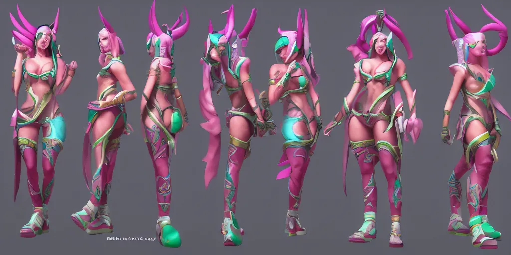 Image similar to 360 degree character sheet of Arcade Akali (wild rift). 3d render, octane render, realistic, highly detailed, trending on artstation