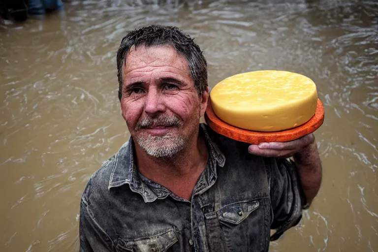 Image similar to closeup portrait of a man carrying a wheel of cheese over his head in a flood in North Terrace in Adelaide in South Australia, photograph, natural light, sharp, detailed face, magazine, press, photo, Steve McCurry, David Lazar, Canon, Nikon, focus