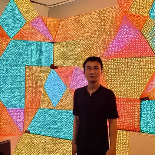 Prompt: a vietnamese daytrader named jay standing proudly in front of triangular nanoleaf led lights on his wall