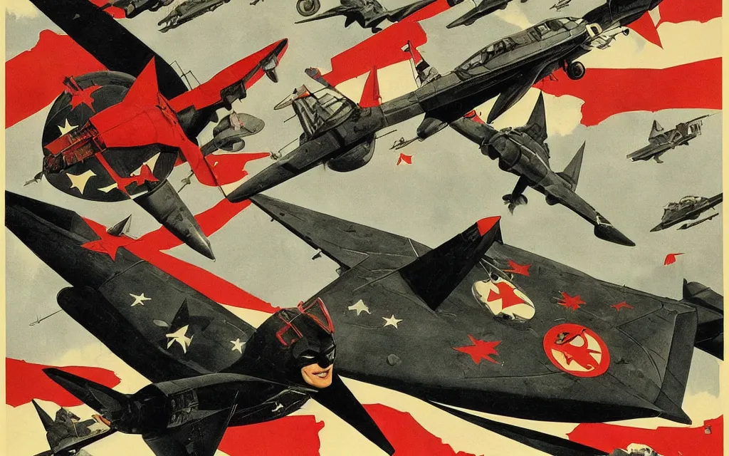 Image similar to batman's airplane, in the style of norman rockwell, cold war, propaganda poster, sci - fi illustrations, highly detailed, award - winning, patriotic, soviet, ussr, dark, gritty, ink