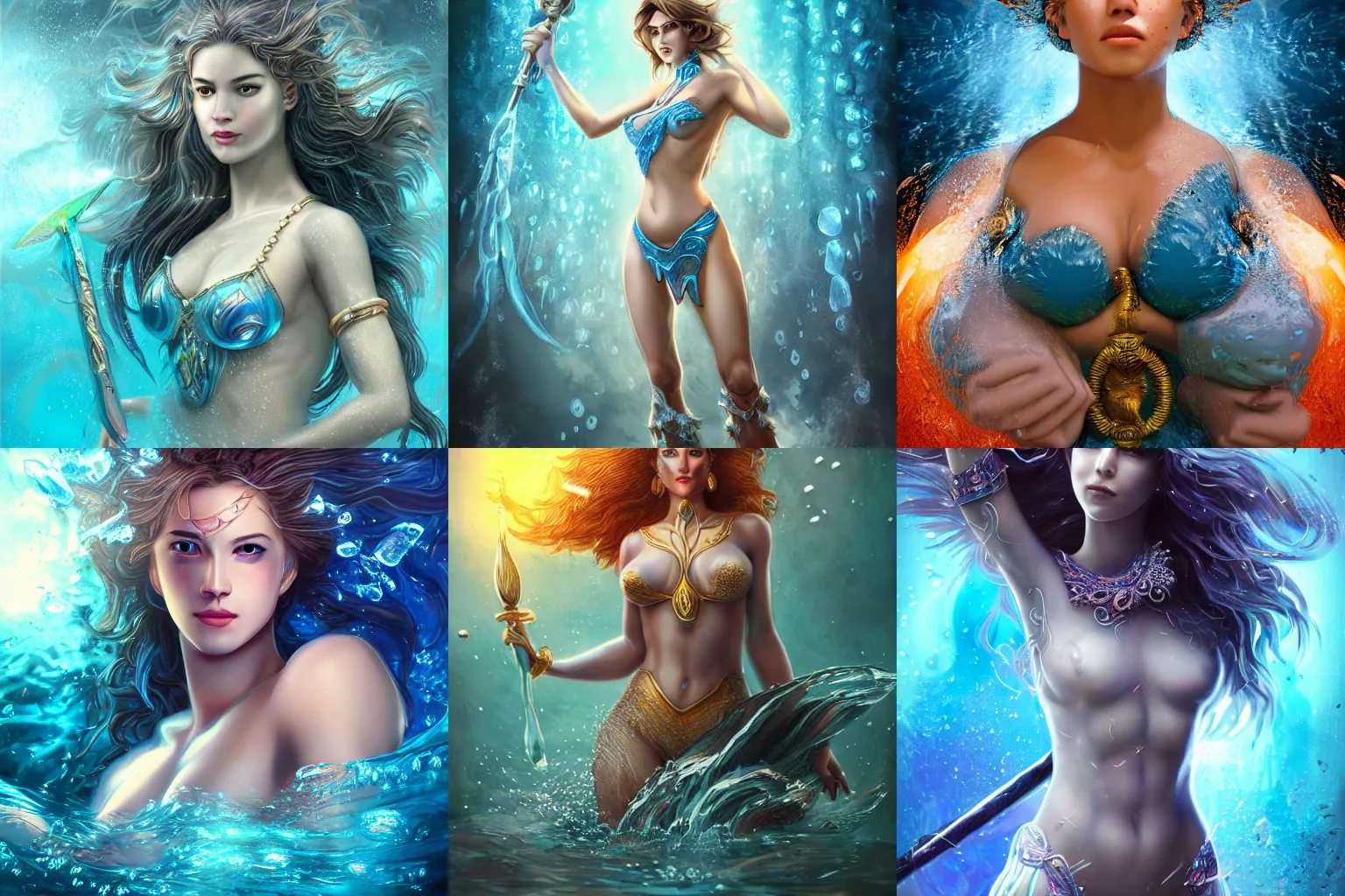 Prompt: a beautiful female human god of water character, character is in all its glory under the water, character is centered on the image, character is holding powerful weapon, rim lights, highly detailed professional photo, dynamic lights, particles and crystals are flying, very deep depth of field, trending on artstation, illustration, hyper realistic, super detailed, colorful accents