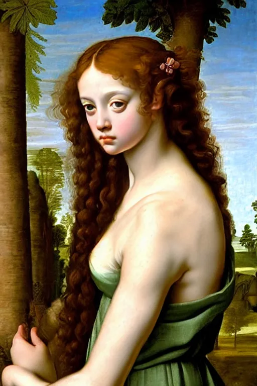 Image similar to renaissance painting of young girl in the garden, closeup, curly long hair, face closeup, emotions closeup, dressed in roman armour, the beautiful garden with maple leaves everywhere, ultra detailed, art by guido reni style, vincenzo catena style