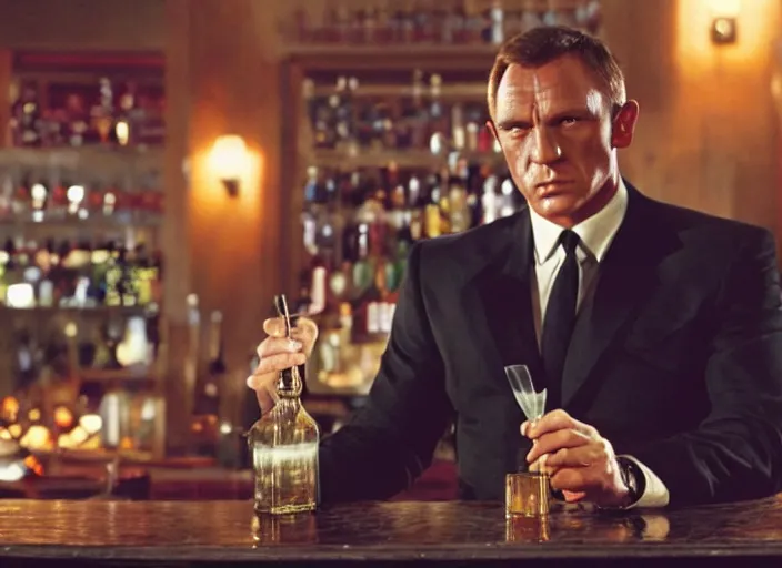 Prompt: a still from a 007 film, with James Bond sitting at a bar drinking from a juicebox