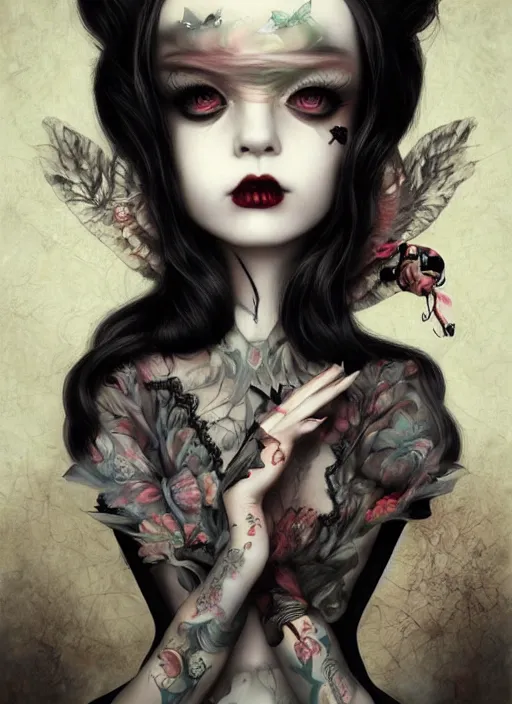 Image similar to pop surrealism, lowbrow art, realistic cute gothic black dress fashion painting, japanese street fashion, hyper realism, muted colours, rococo, natalie shau, loreta lux, tom bagshaw, mark ryden, trevor brown style,