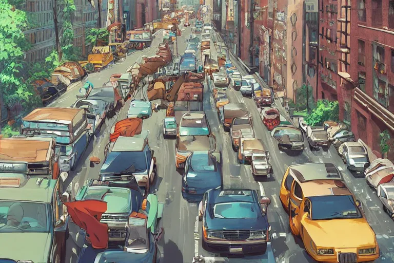 Prompt: catbus stuck in new york traffic jam. 4 k digital paint by studio ghibli hayao miyazaki. very sharp and detailed. trending on artstation and behance.