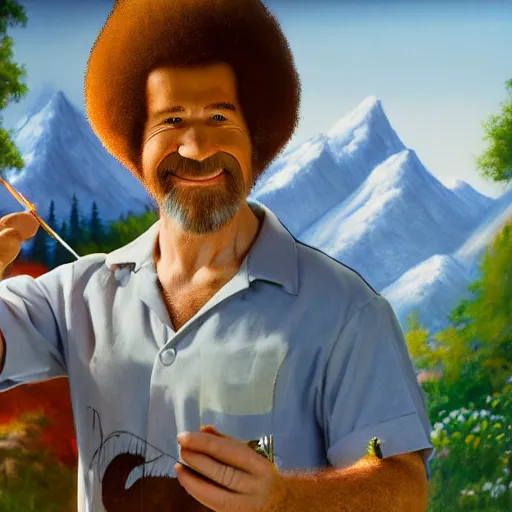 Image similar to a closeup photorealistic photograph of bob ross working on a canvas painting of mickey mouse. film still. brightly lit scene. mountains and trees. this 4 k hd image is trending on artstation, featured on behance, well - rendered, extra crisp, features intricate detail, epic composition and the style of unreal engine.