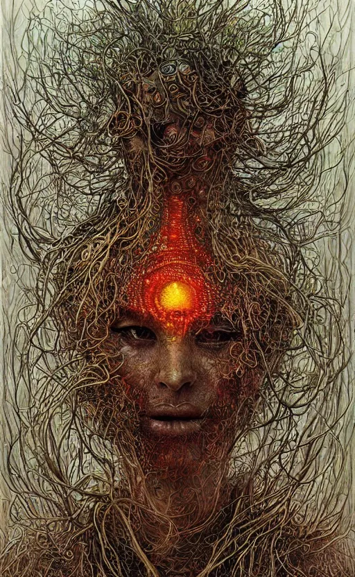 Image similar to beautiful psychedelic shaman covered in amanita mushrooms in the style of peter gric