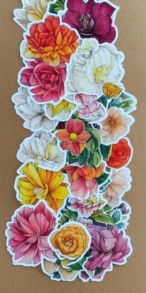 Prompt: beautiful flowers, by tran nguyen, warm colors, cozy, etsy stickers, white border, sticker sheet