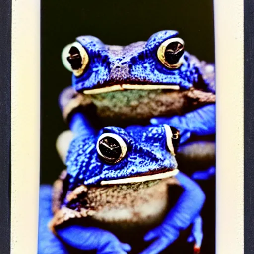 Prompt: stacked toads, blue, polaroid photo,