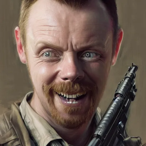 Image similar to portrait painting of simon pegg smiling with a winchester, ultra realistic, concept art, intricate details, eerie, highly detailed, photorealistic, octane render, 8 k, unreal engine. art by artgerm and greg rutkowski and alphonse mucha