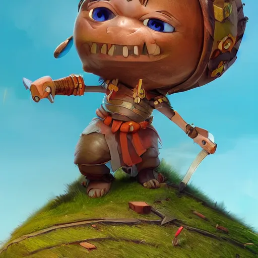 Image similar to little warrior 3D concept by Gediminas Pranckevicius, Game Art, Ultra wide angle, hyper detailed, Character Modeling, cartoon, cinematic, raytrace, concept art, Trend on Behance 3d Art, V-Ray, Maya, C4D