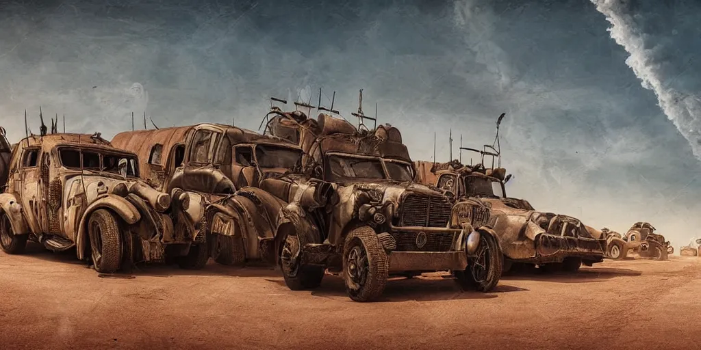 Prompt: mad max inspired vehicle convoy driving through abandoned city square with desert vegetation all around, panorama, digital art, over the top
