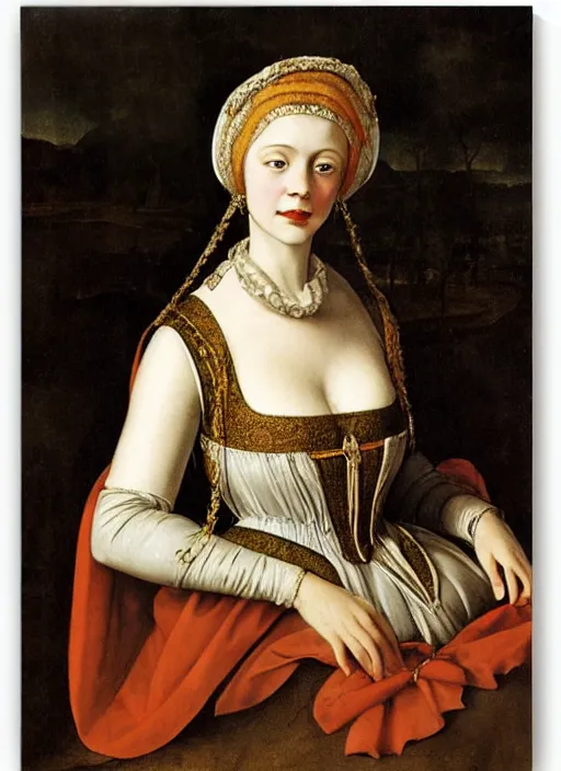 Image similar to portrait of young woman in renaissance dress and renaissance headdress, art by giovanni gastel