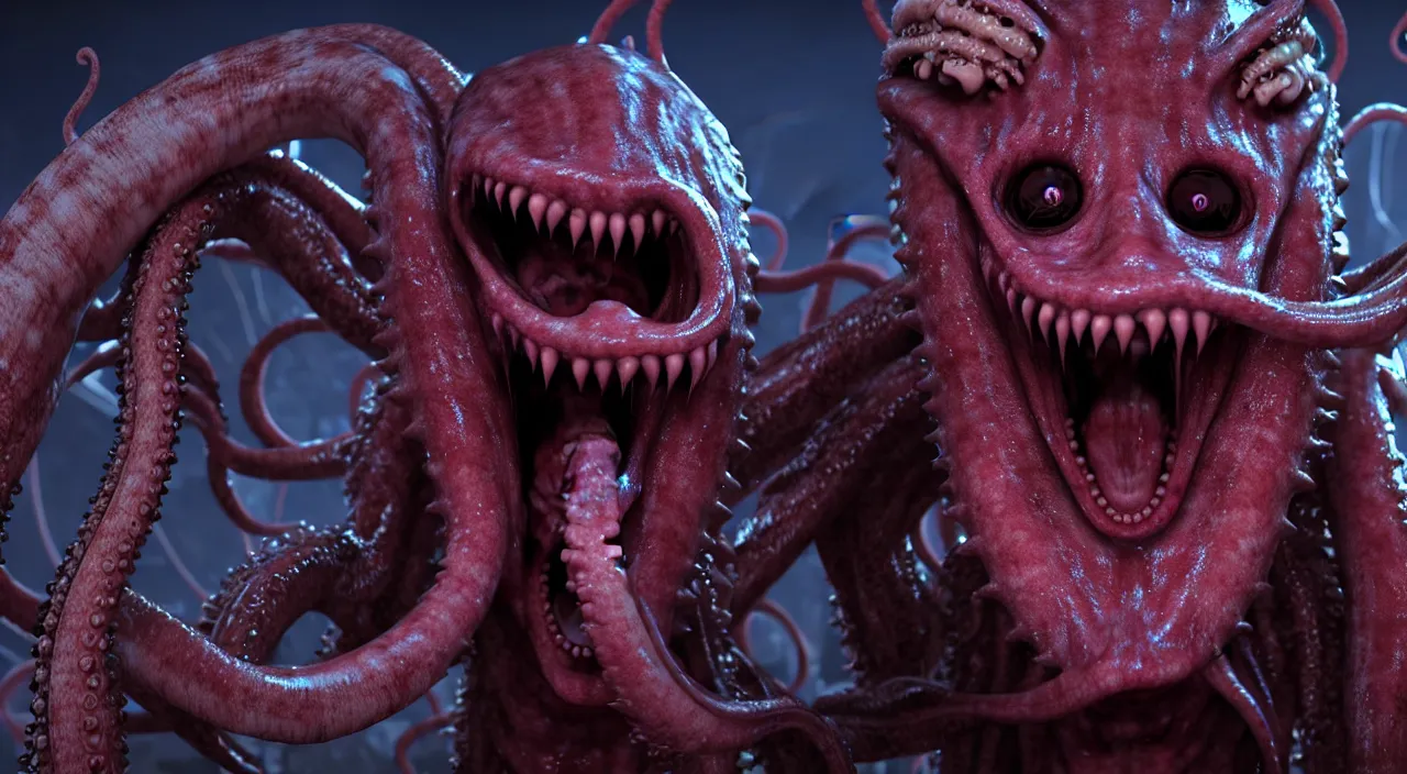 Image similar to gary busey as a monster with tentacles, horror video game, sci fi horror, alien ( 1 9 7 9 ), body horror, unreal engine, octane render, depth of field, cycles render, hd