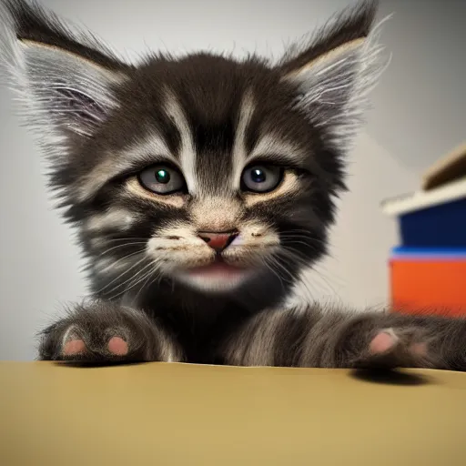 Prompt: eye - level view, a super cute maine coon kitten ate my homework in my room and woke up smart the next day. now the kitten is going to prepare my parents'tax return, hilarious, funny, frenetic high energy, back to school comedy, cg animation, 3 d octane render, imax 7 0 mm, rtx,