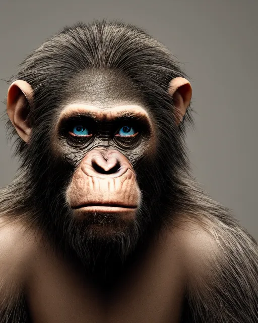 Prompt: Jared Leto in Elaborate Rick Baker As the Chimpanzee Cornelius in Planet of the Apes, Studio Lighting, Highly detailed facial prosthetics, Trending on Artstation, Studio Lighting