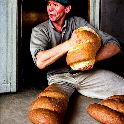 Image similar to portrait of a baker fighting bread trying to escape the oven, by Steve McCurry and David Lazar, natural light, detailed face, CANON Eos C300, ƒ1.8, 35mm, 8K, medium-format print