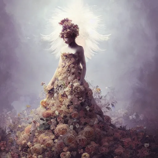 Prompt: A Black background portrait of An angel in a dress made of flowers by Greg Rutkowski and Yoshitaka Amano,In style of digital illustration art,Rembrandt lighting,Ray tracing,hyper detailed,sharp focus,Soft light.4k