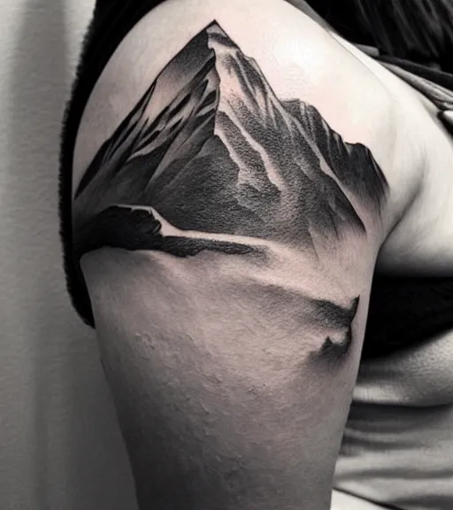 Prompt: amazing fade art of a hyper realistic mountain scenery with a beautiful woman face, tattoo design sketch, in the style of matteo pasqualin, hyper - realistic, amazing detail, black and white
