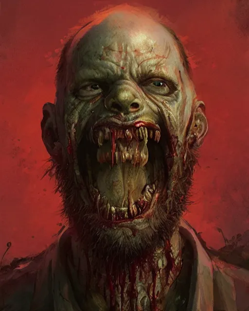 Image similar to hyper realistic photo portrait bearded zombie tongue out cinematic, greg rutkowski, james gurney, mignola, craig mullins, brom