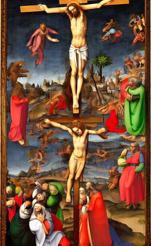 Prompt: mond crucifixion by raphael with mario and luigi