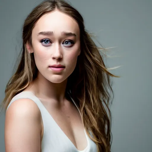 Prompt: a portrait of alycia debnam carey closed mouth-smile while posing for photo, award winning photograph, HDR, natural lighting, shot on nikon z9, depth of field, f/1.8,